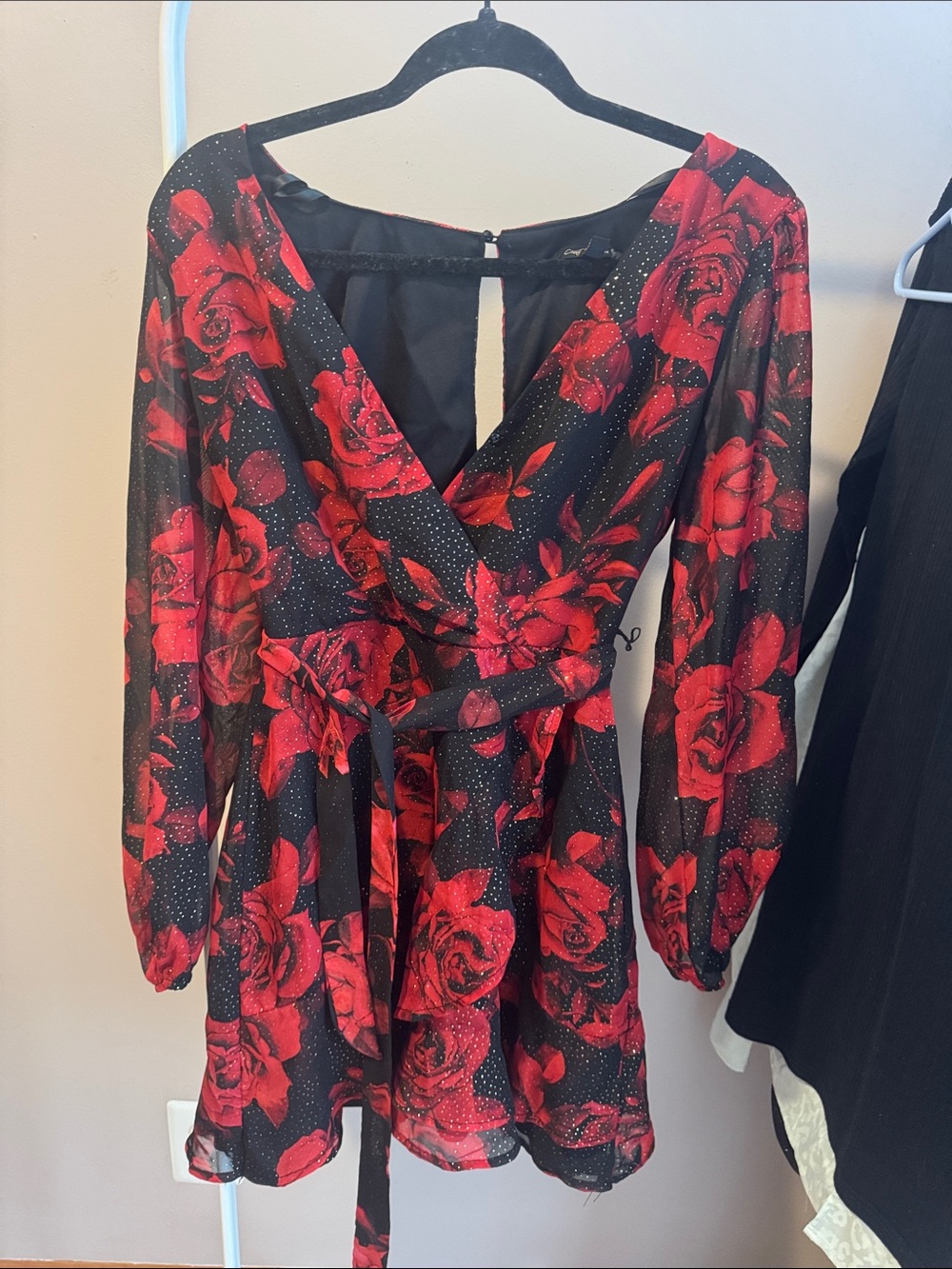 City Triangles Black Dress with Red Rose Print and Long Sleeves
